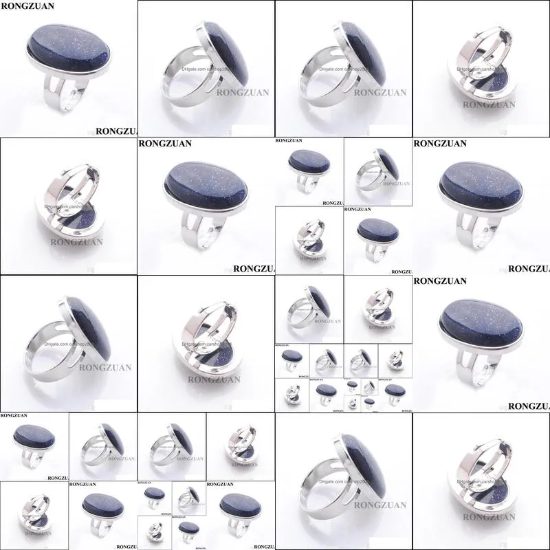 blue sand natural stone oval cabochon bead adjustable finger ring for men women party rings fashion jewelry silver color dx3081