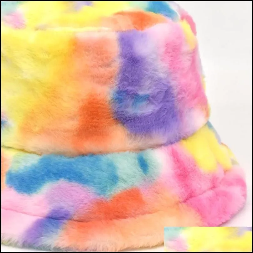 Wide Brim Hats Winter Tie-dye Print Faux Fur Plush Bucket For Women Outdoor Warm Hat Soft Velvet Fisherman Cap Lady Fashion Panama