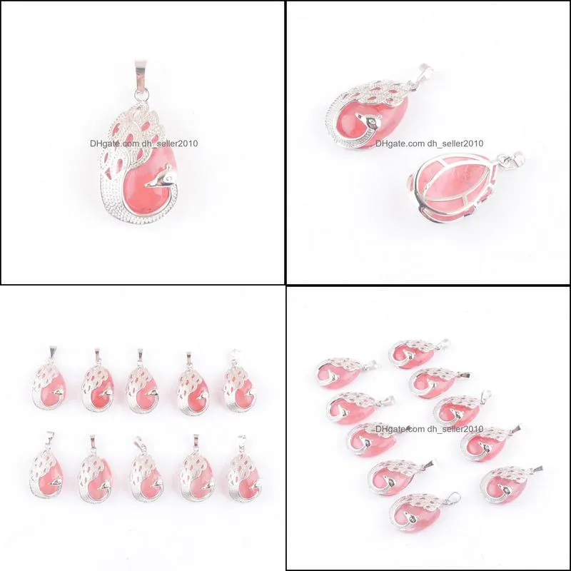 natural stone peacock pendant watermelon red teardrop cabochon gemstone animal charm europe fashion jewelry for women silver plated