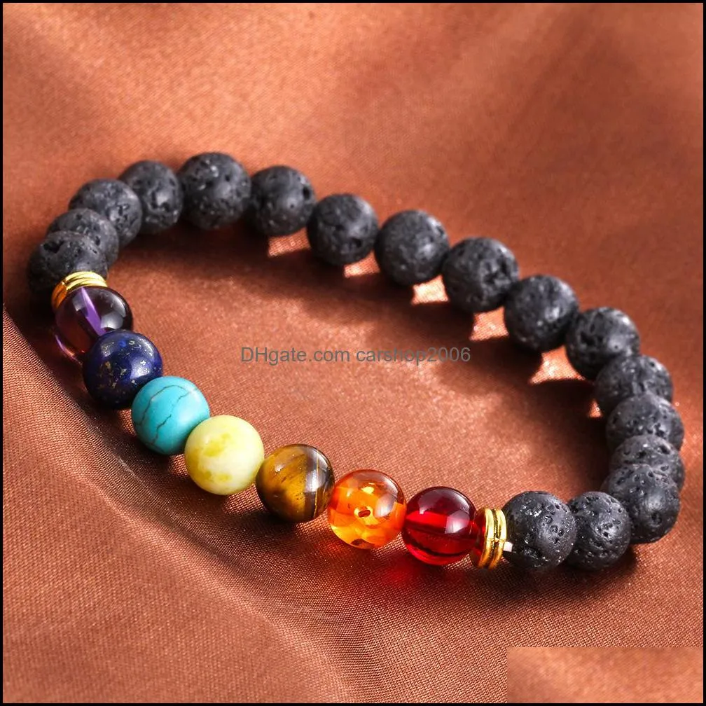 mix 7 color bracelet unisex chakra energy bracelets natural lava stone bracelets 8mm colorful beads bracelets free