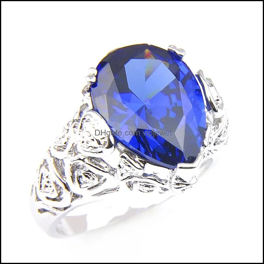 925 sterling silver plated water drop swiss blue fire topaz gems rings for women party gift rings jewelry 10 pcs free