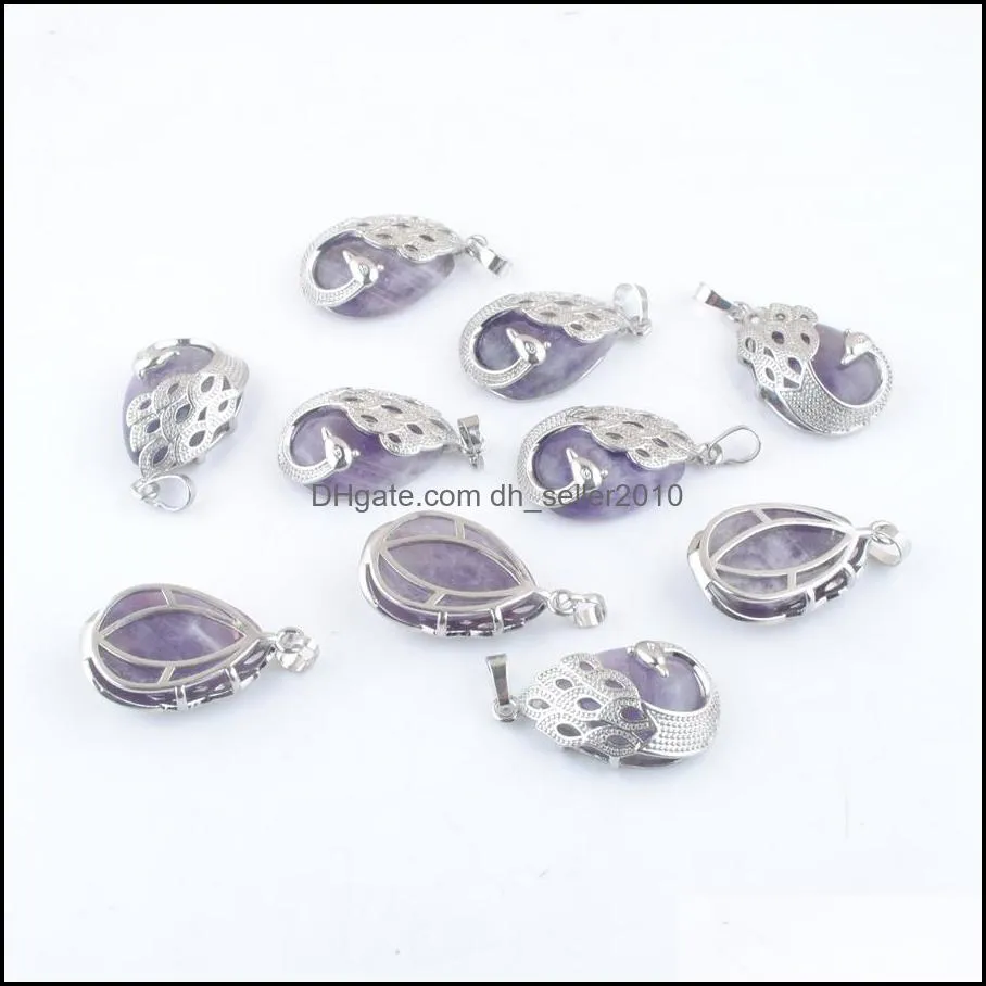 natural stone amethyst pendants water drop stone beads pendulum peacock pattern animal shape reiki men women jewelry wholesale dn4352