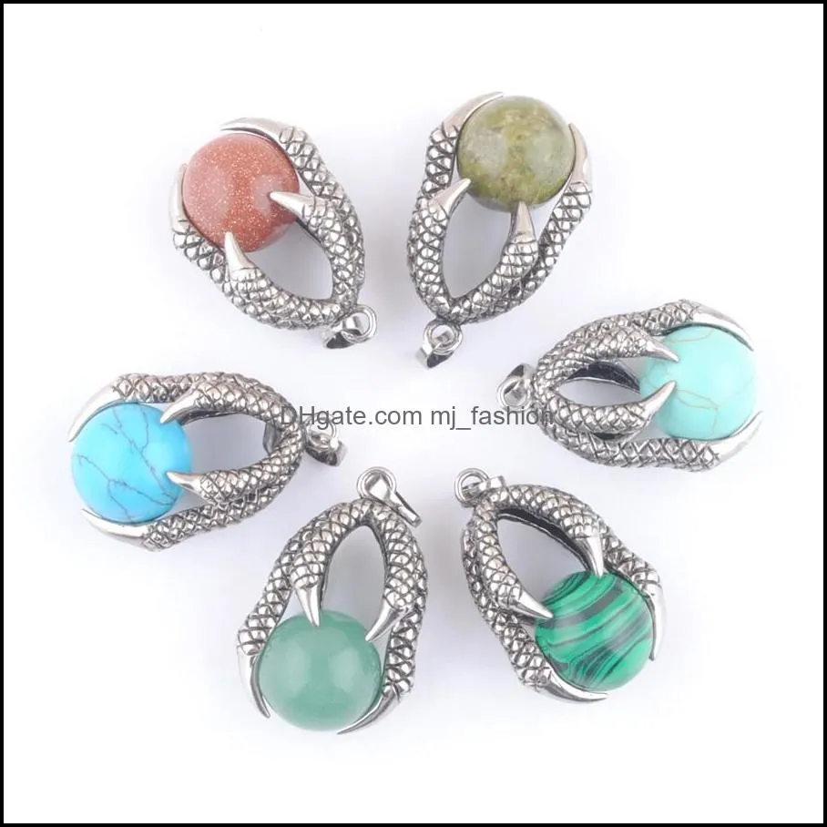 antique metal retro reiki dragon claw pendant natural round ball stone bead opal agates jaspers turquoises malachite dbn310