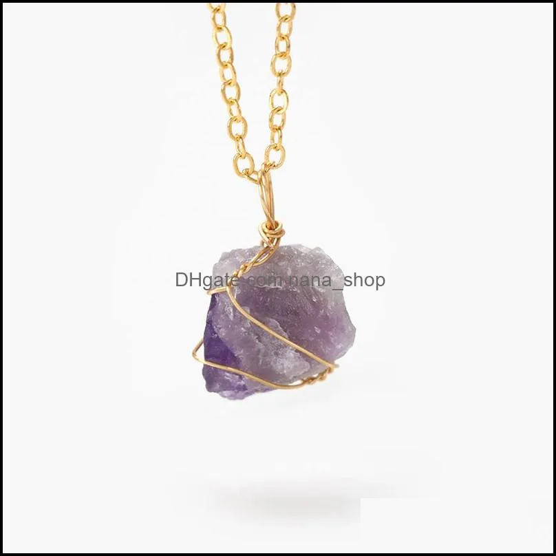 natrual raw stone necklace for women men golden color chain wire wrap irregular real quartzs pendant necklece reiki jewelry gift