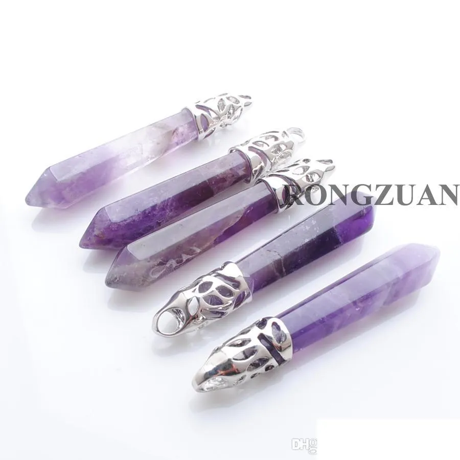 reiki amethyst pendant natural gemstone beads long hexagonal prism healing point necklace pendants men women jewelry dn3012