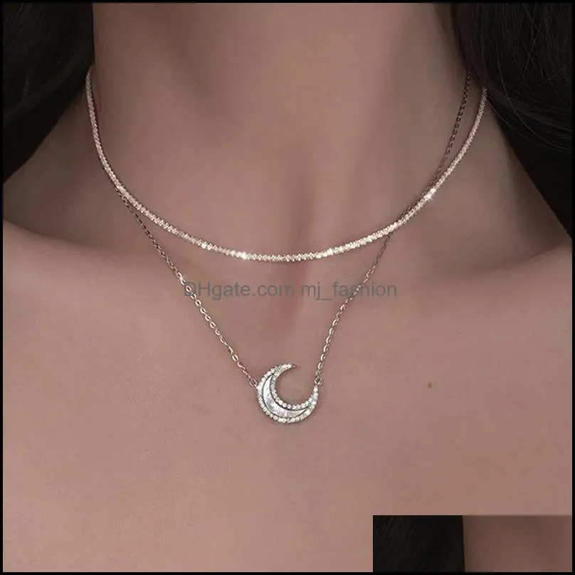 european fashion moon necklace bling chain two in one stackable crescent pendant necklaces for women female birth year jewelry