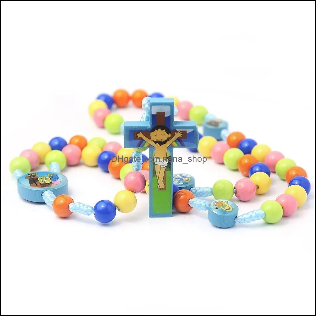 handmade jewelry wholesale colorful round beads cartoon children`s cross rosary necklace jewelry jesus christ religious jewelry