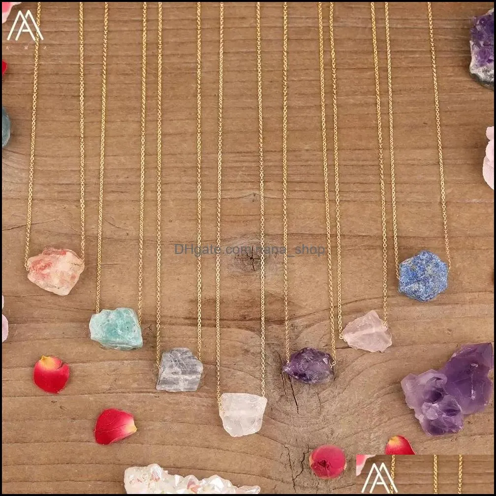 18k gold link natural stone irregular druzy pendant necklace pink crystal amthyst healing crystal chakra charms pendulum necklaces for women