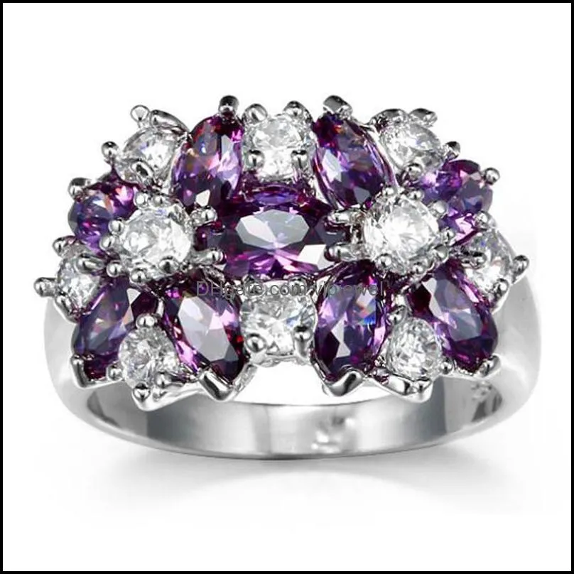 10pcs holiday gift fire blue red amethyst purple white cubic zirconia crystal gemstone russia 925 sterling silver wedding flower rings