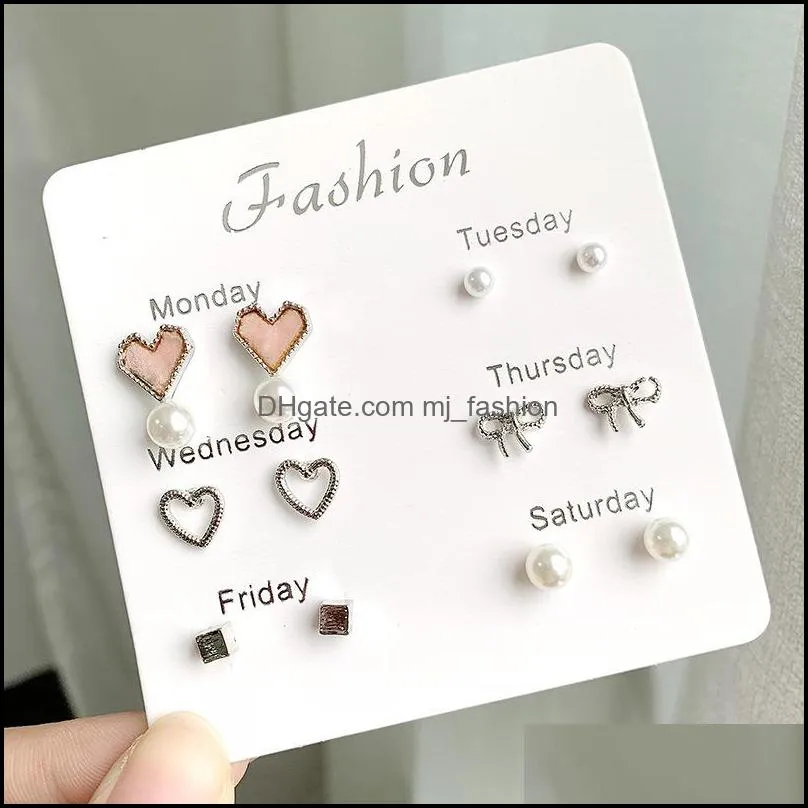 6 pairs pack set mixed stud earrings for women crystal ear studs fashion simulated pearl jewelry star heart shape ear jewelry