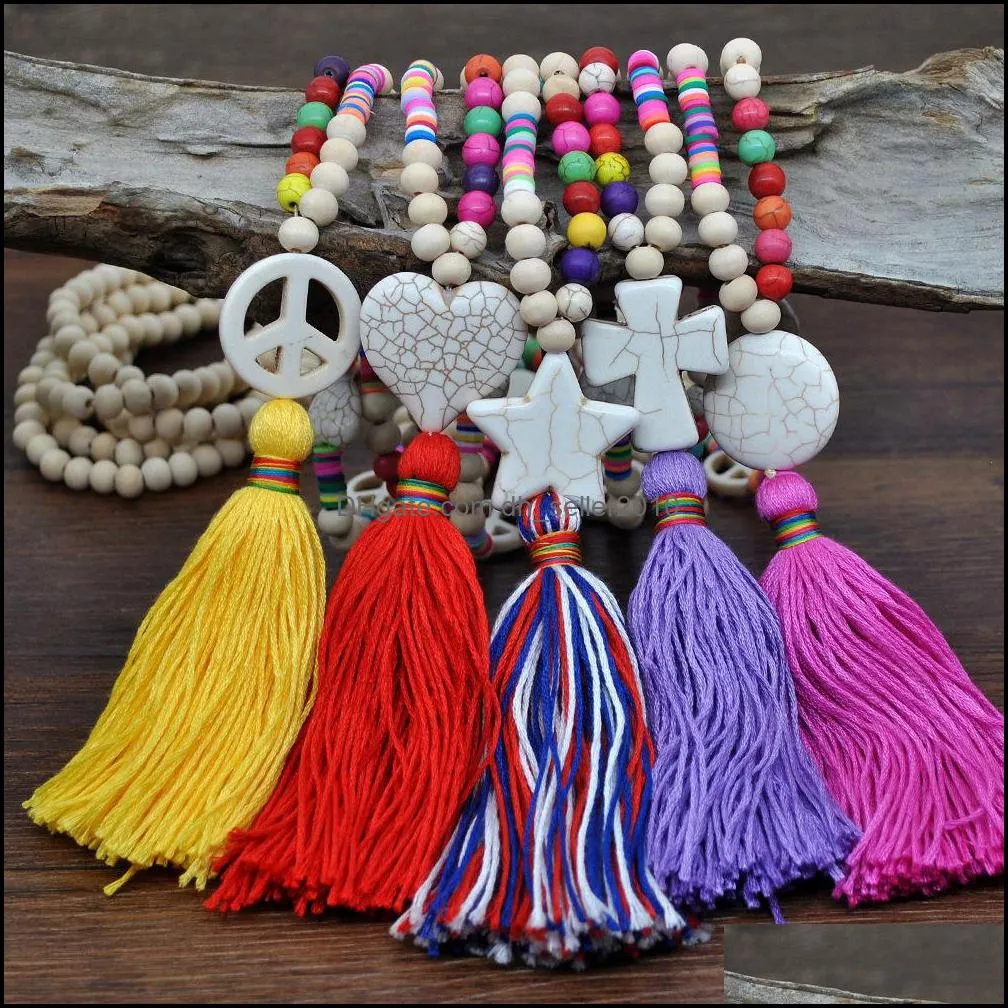 womens fashion long chain colorful wood beads tassel necklace heart cross star lovely diy jewelry