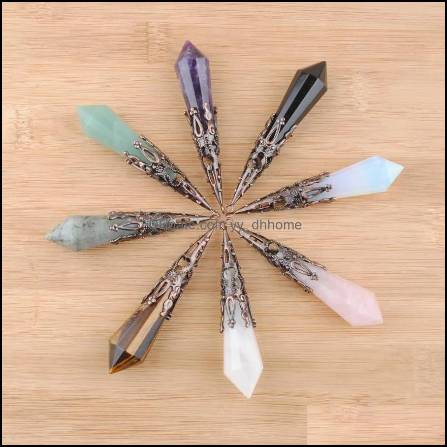 natural gemstone antique copper pendants raw gem stone faceted crystal pillar obsidian aventurine amethyst crystal opal beads charm ancient silver jewelry