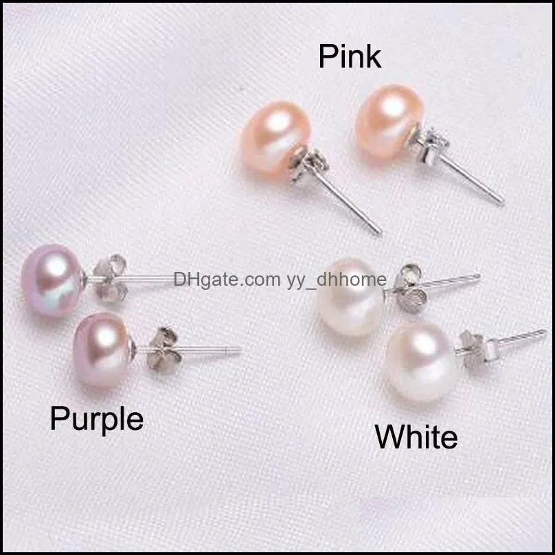 high quality 100% 925 sterling silver 6-7mm round pearls earrings 3colors white pink purple freshwater pearl jewelry cheap wholesale