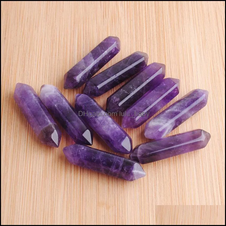 natural gemstone pendant beads no drilling hole hexagonal healing pointed reiki chakra amethyst rose quartz lapis lazuli jewelry wholesale 30x8mm