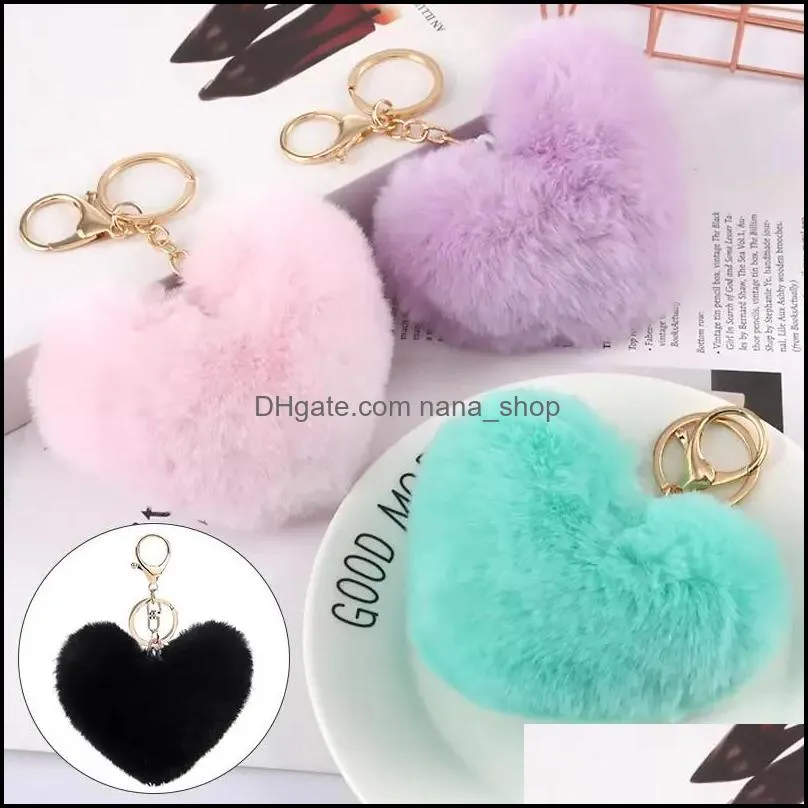 creative cute faux fur plush pompons key rings peach heart keychain car bag pendant tassel key chain trinket gift for children girl keyring