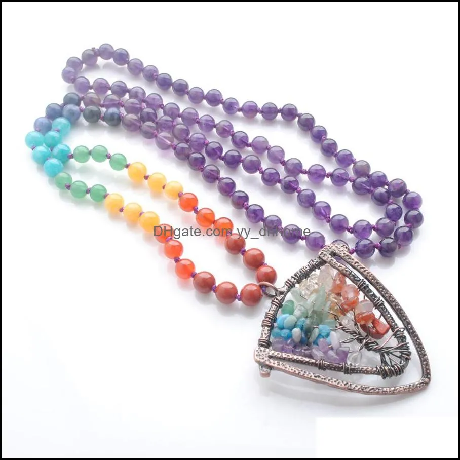 108 mala beads long necklaces shield pendants 7 chakra natural stone knotted sweater chain life tree pendulum for women dbf318