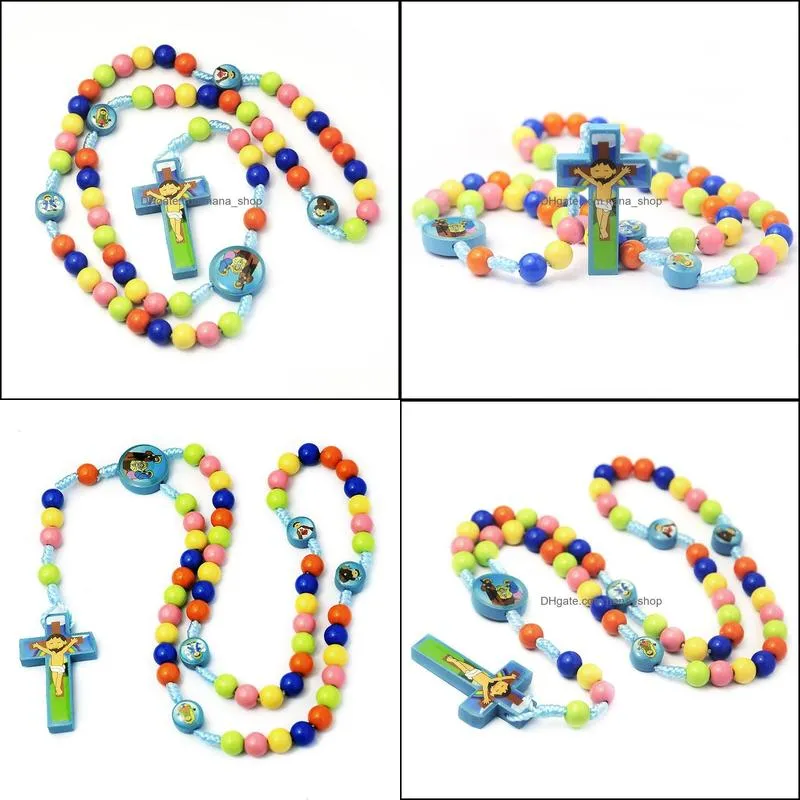 handmade jewelry wholesale colorful round beads cartoon children`s cross rosary necklace jewelry jesus christ religious jewelry