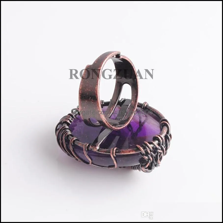 antique rings for women finger jewelry natural stone amethyst oval bead copper wire wrapped tree of life adjustable ring party gift