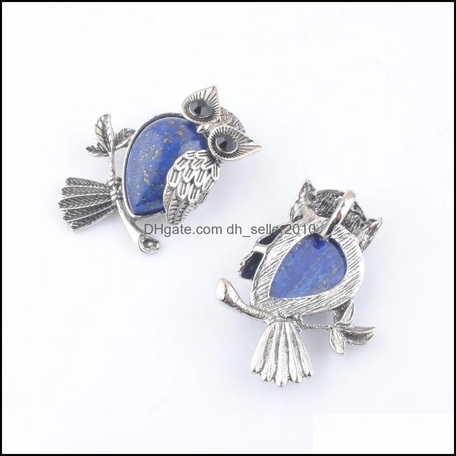 vintage copper plated owl cute pendant charm natural lapis lazuli stone for jewelry making necklace wholesale dn4550