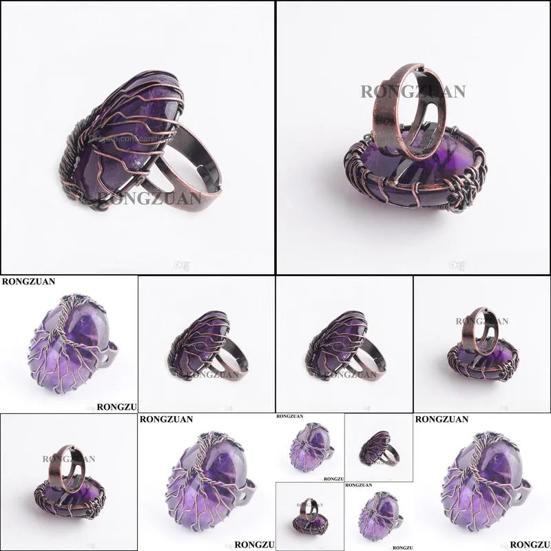 antique rings for women finger jewelry natural stone amethyst oval bead copper wire wrapped tree of life adjustable ring party gift