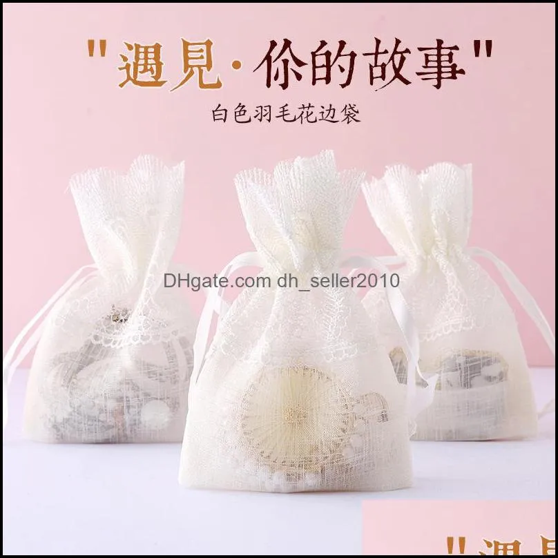 creative hot style white feather lace bag gift package receive finishing jewelry bag wholesale bamboo yarn creative bundle pocket