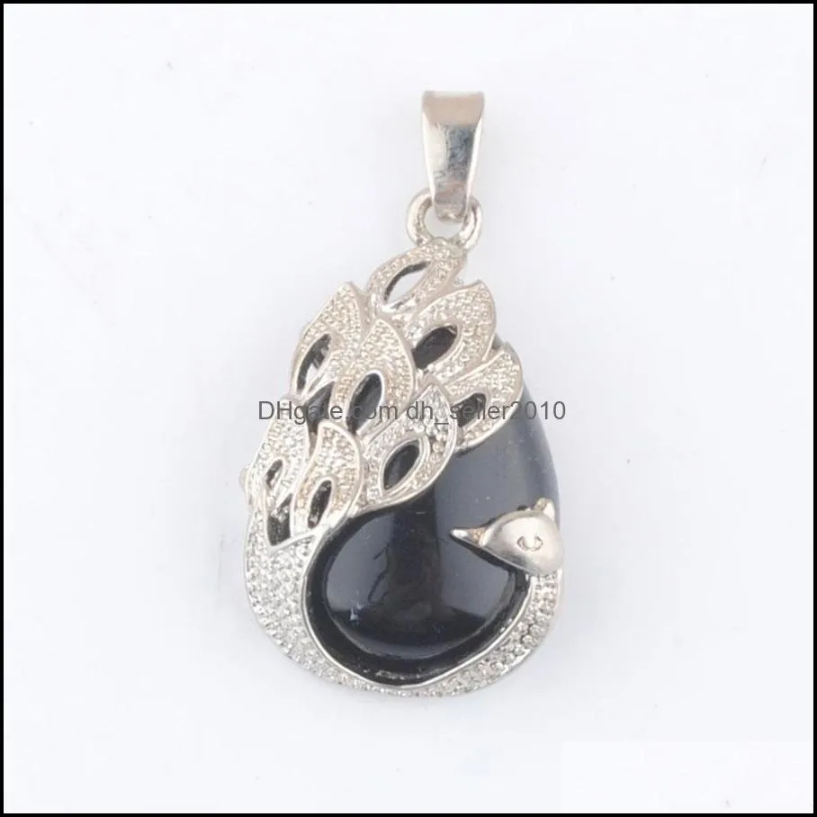 natural stone water drop pendulum pendant black obsidian peacock pattern reiki men women jewelry wholesale dn4358