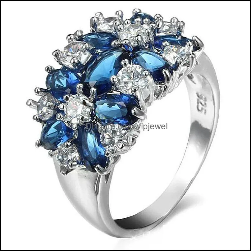 10pcs holiday gift fire blue red amethyst purple white cubic zirconia crystal gemstone russia 925 sterling silver wedding flower rings