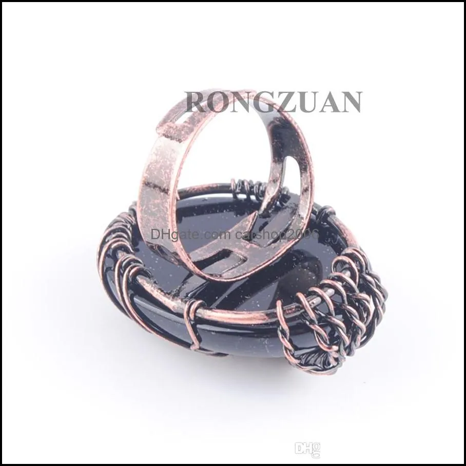 copper wire wrapped life tree finger ring for women natural egg shaped black onyx stone adjustable rings charm jewelry dx3059