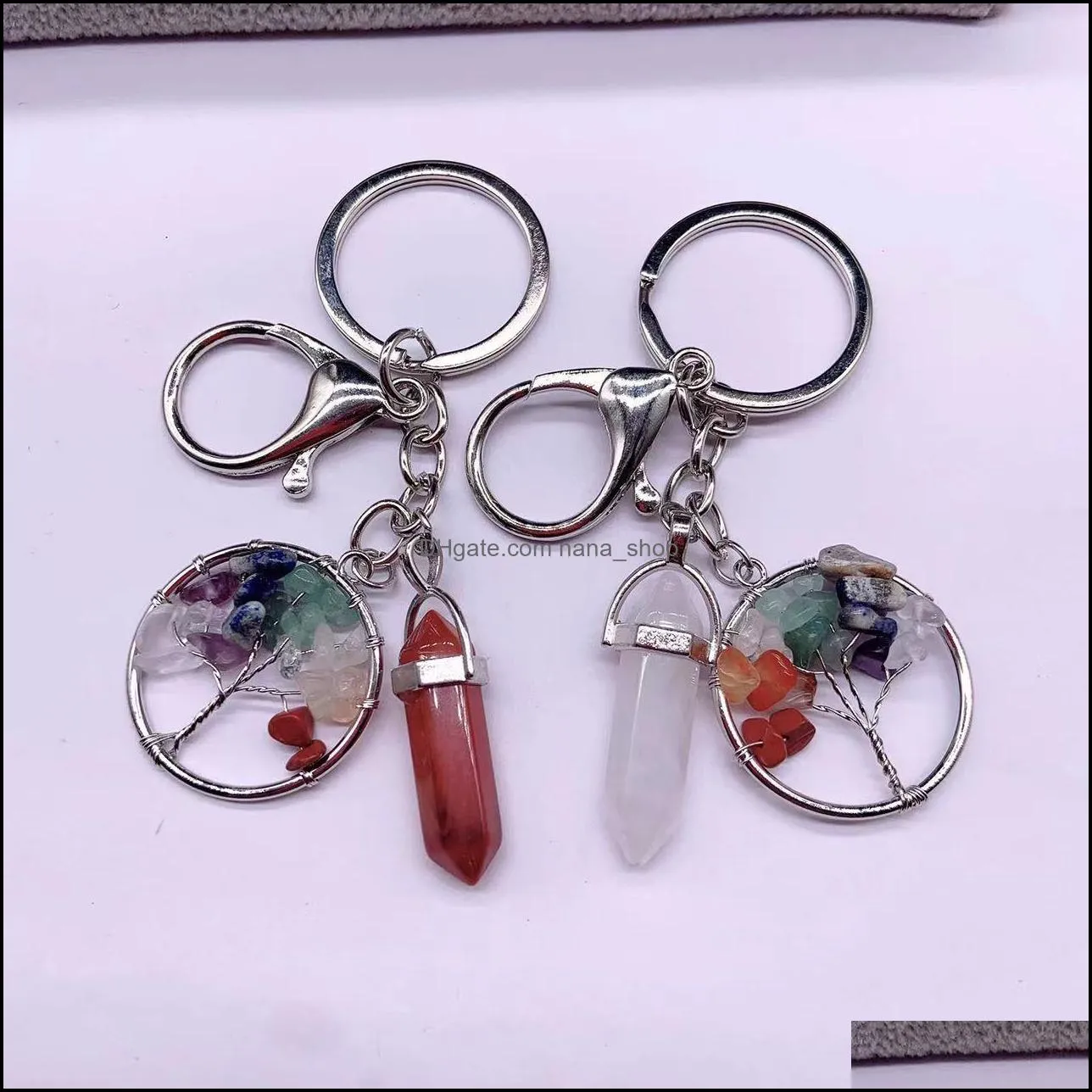 Tree Of Life Hexagonal Prism Quartz Crystal Keychain With Natural Stone ...