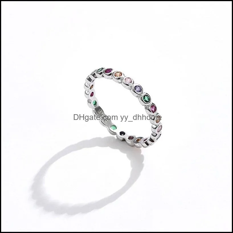 100% 925 sterling silver ring with side stones women simple s925 engraved rainbow color cubic zirconia rings personality jewelry