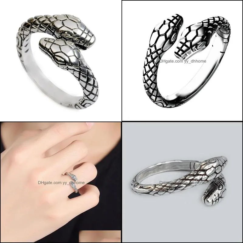 vintage men women`s opening resizable double head snake rings 925 silver punk hip hop jewelry rap rock culture animals shape ring