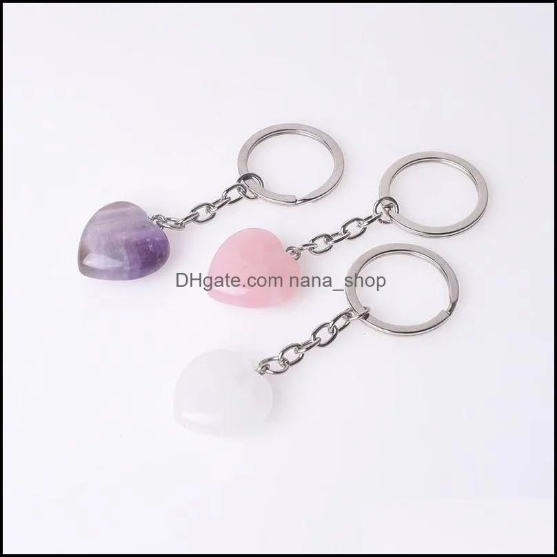 heart shape natural stone quartz keychain ring for women men handbag hangle car key holder raw mineral keyring jewelry