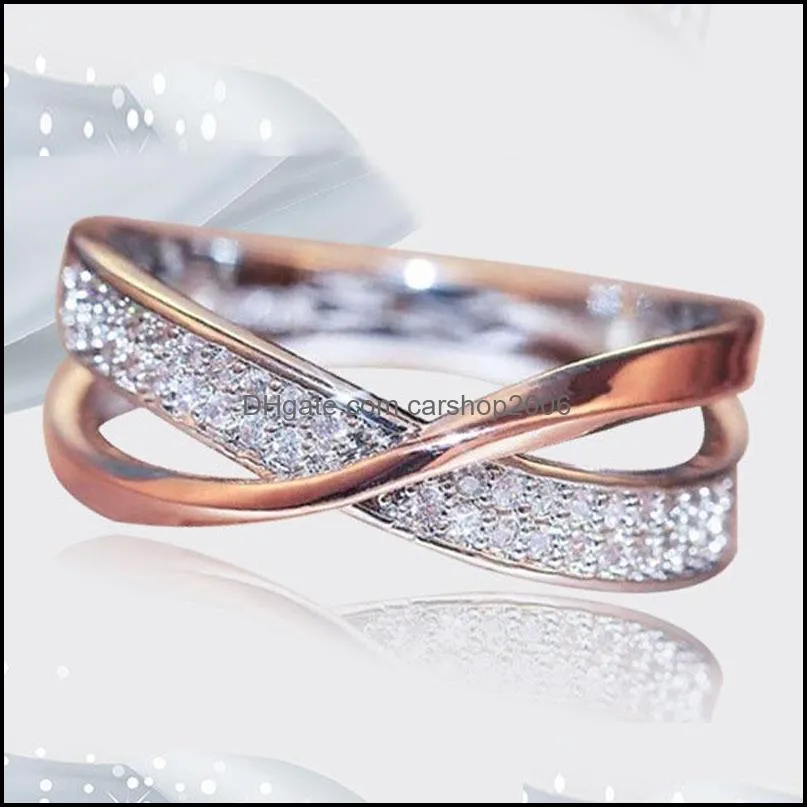 elegant cross ring with stones creative rosegold silver double color diamond ring womens wed anniversary jewelry
