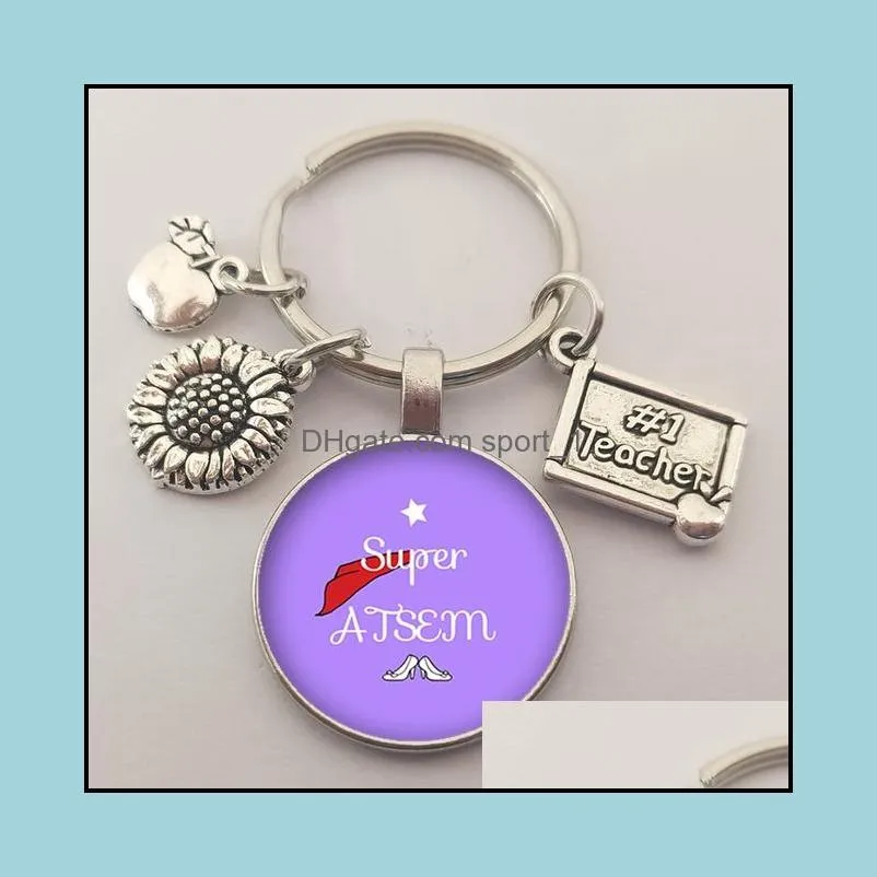 new teachers day gift keychain jewelry thank you teacher cute pattern pendant glass round charm bag keychain souvenir
