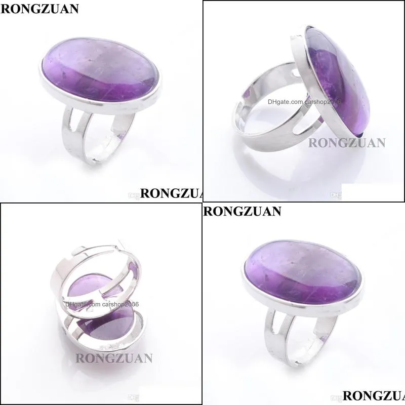 reiki natural gemstone oval amethyst bead adjustable finger rings for men women party ring fashion jewelry silver plated metal dx3070