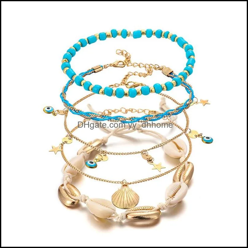 bohemian gold shell evil eye charms identification bracelets summer beach multi layer anklets jewelry for women gilrs