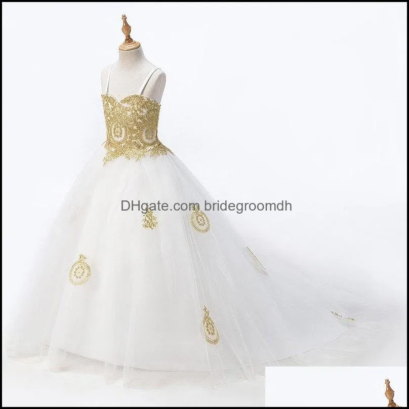 2022 Fashion White With Gold Lace Flower Girls Dresses Princess Designer For Wedding Kids Girls Tulle Ruched With Spaghetti straps