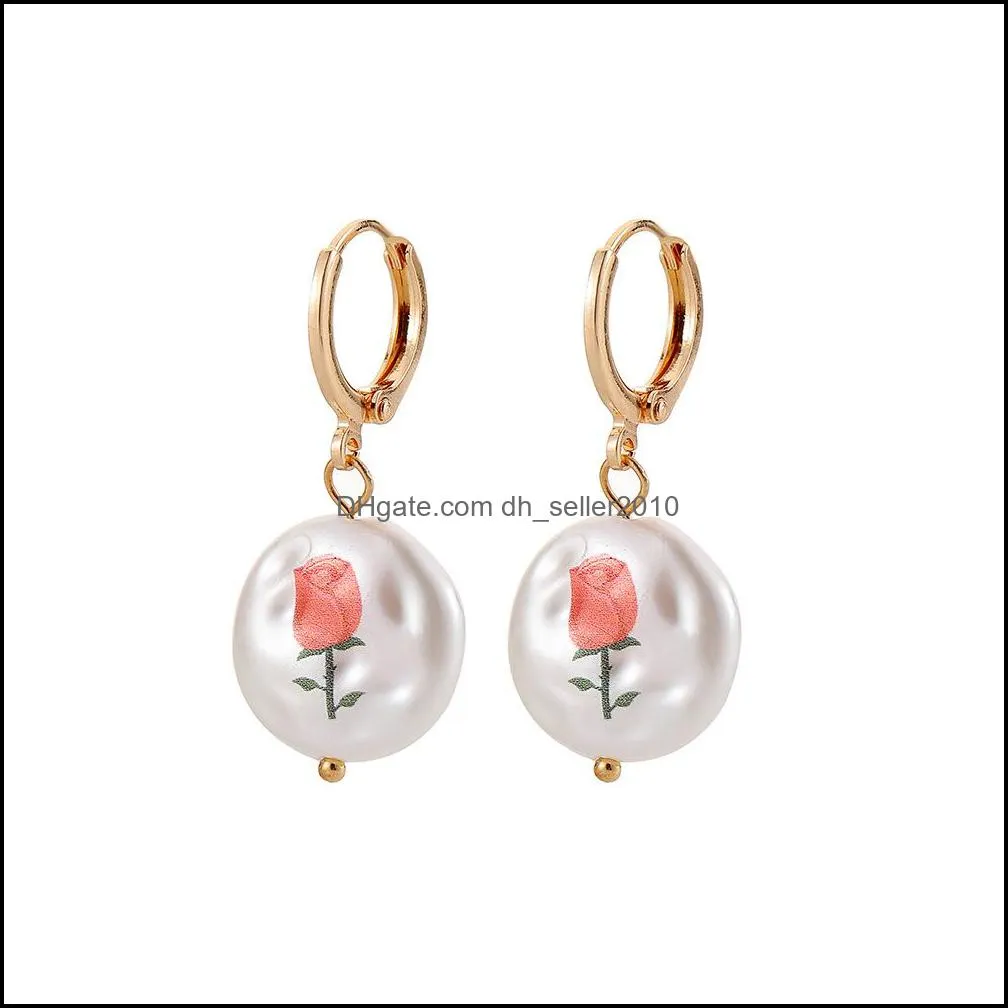 women fashion baroque pearl dangle earrings elegant 18k gold butterfly rose flower printed female earring jewelry wholesale