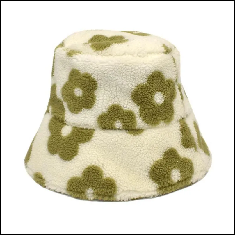 Wide Brim Hats Lamb Wool Winter Fall Plush Hat For Women Flower Warm Fisherman Female Fluffy Bucket Casual