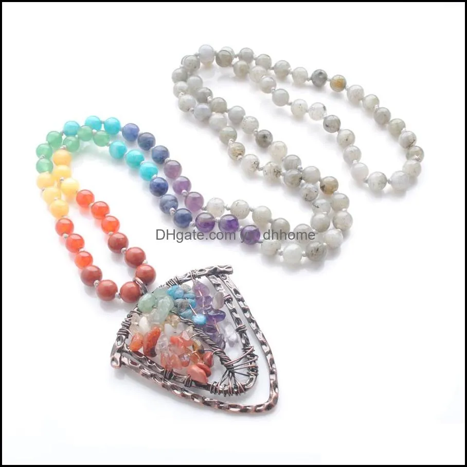 108 mala beads long necklaces shield pendants 7 chakra natural stone knotted sweater chain life tree pendulum for women dbf318