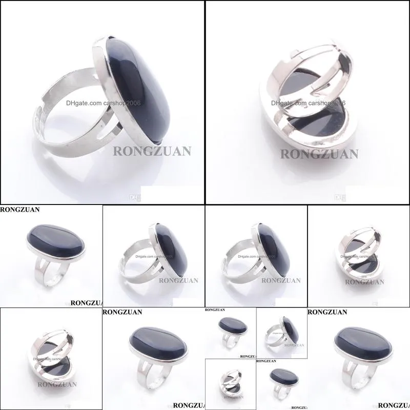 beautiful women gemstone rings jewelry natural stone black agate oval bead silver color adjustable finger ring dx3083