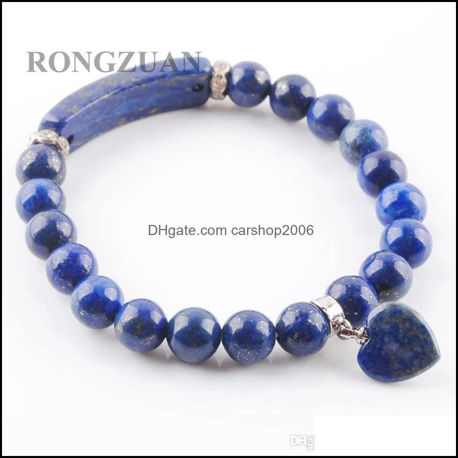 natural gemstone stretch bangles lapis lazuli8mm round beads strand bracelets love heart shape pendulum pendant for women jewelry