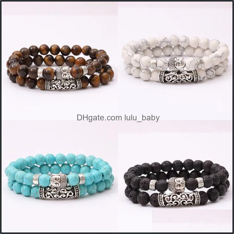 natural gemstone turquoise volcanic rocks tigers`s eye bead bracelet men womens double layer buddha charms stackable bracelet jewelry