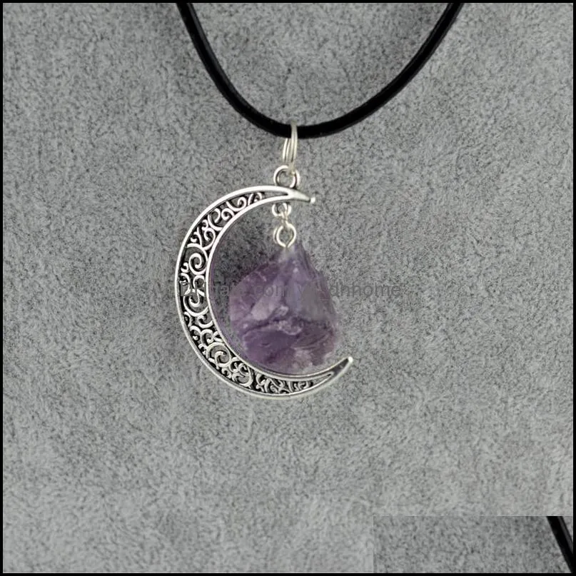 handmade natural amethyst rose quartz crystal pendant necklace antique silver bronze galaxy moon pendants healing stone christmas gift women