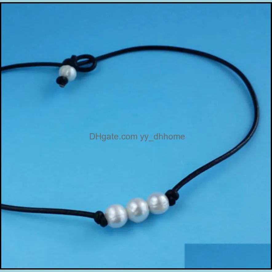 luxury womens freshwater pearl necklace leather chain single pearl three pear turquoise three stones handmade men women necklace