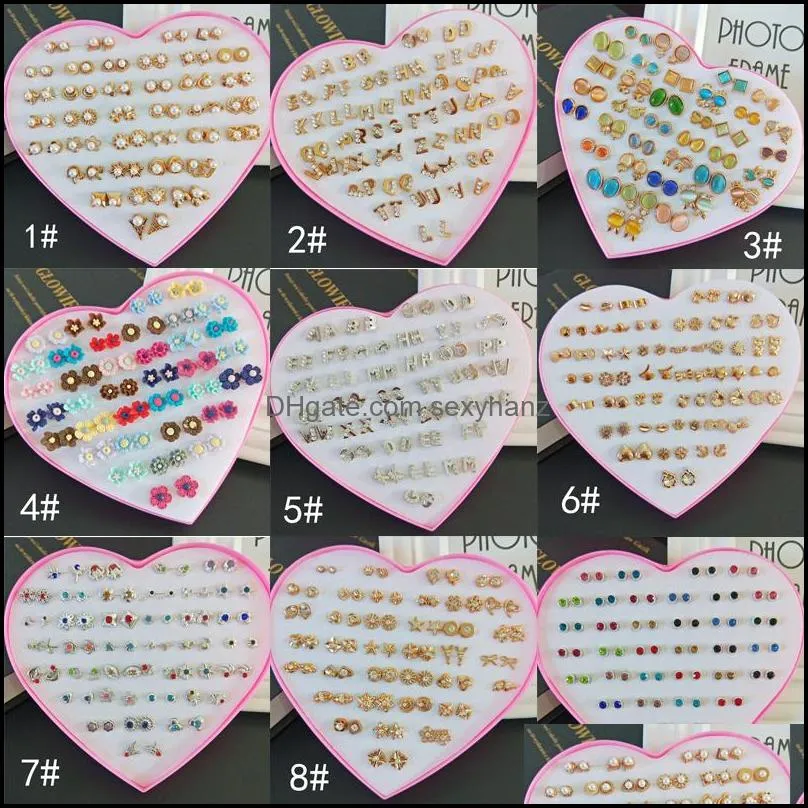 36 pairs fashion korean styles cute catseye crystal alphabet stud with heart jewlery box women girls silver gold earrings mixed pair