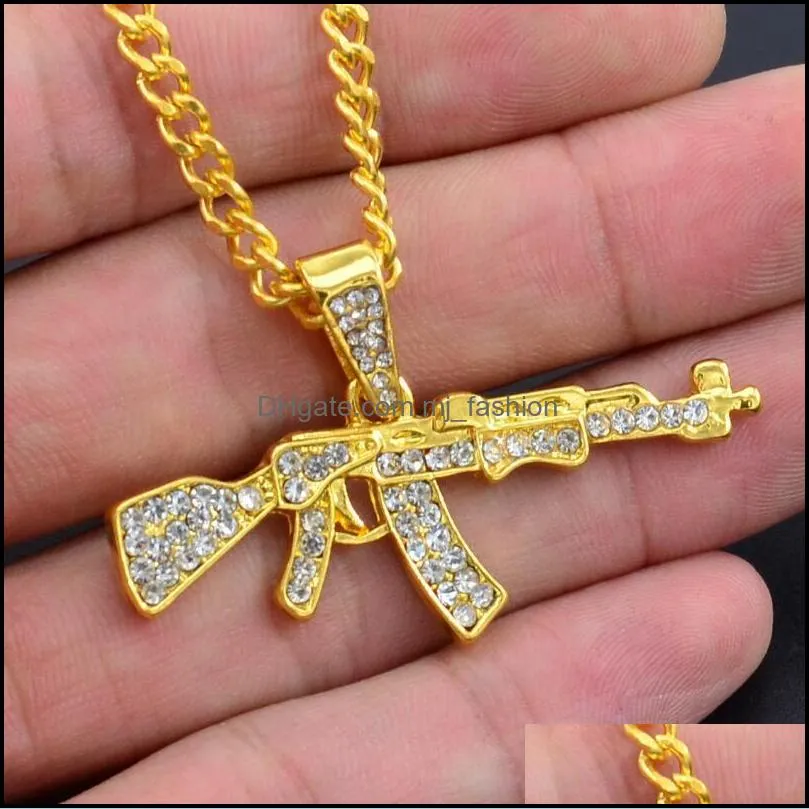 new metal gold pistol gun uzi pendant necklace men women punk hiphop dance cuban link chain necklace unisex jewelry gift