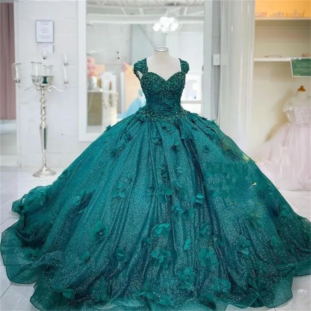 2022 Sexy Vintage Teal Quinceanera Dresses Sequined Lace Hunter Green Cap Sleeves Crystal Beads Hand Made Flowers Corset Back Sweet 16 Party Prom Dress Evening Gowns