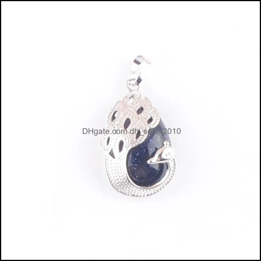 wholesale natural stone peacock pendant blue sand water drop cabochon gemstone animal charm europe fashion jewelry for women party gift
