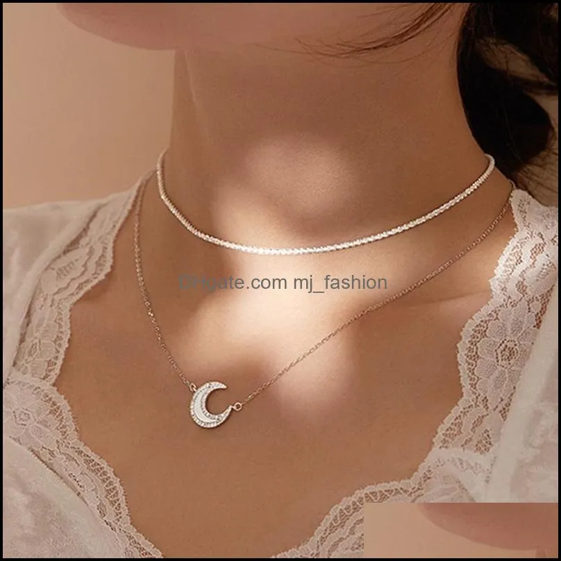 european fashion moon necklace bling chain two in one stackable crescent pendant necklaces for women female birth year jewelry